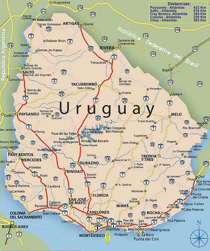Uruguay - Plano rutero con distancias